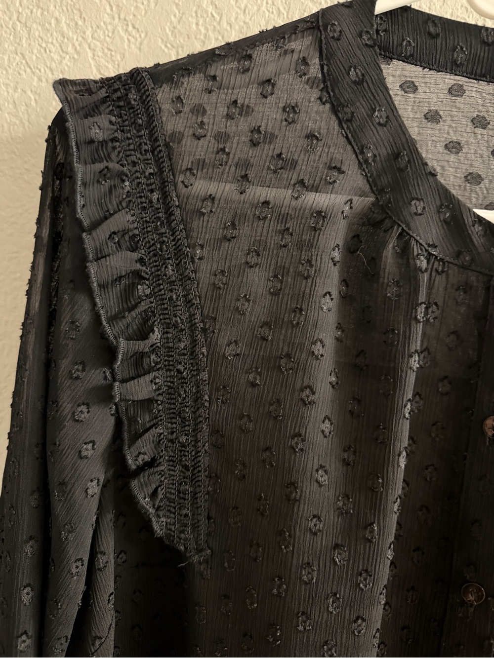 Express Black Sheer Clip Dot Ruffle Trim Button Front Blouse Size XL Boho - Picture 4 of 4